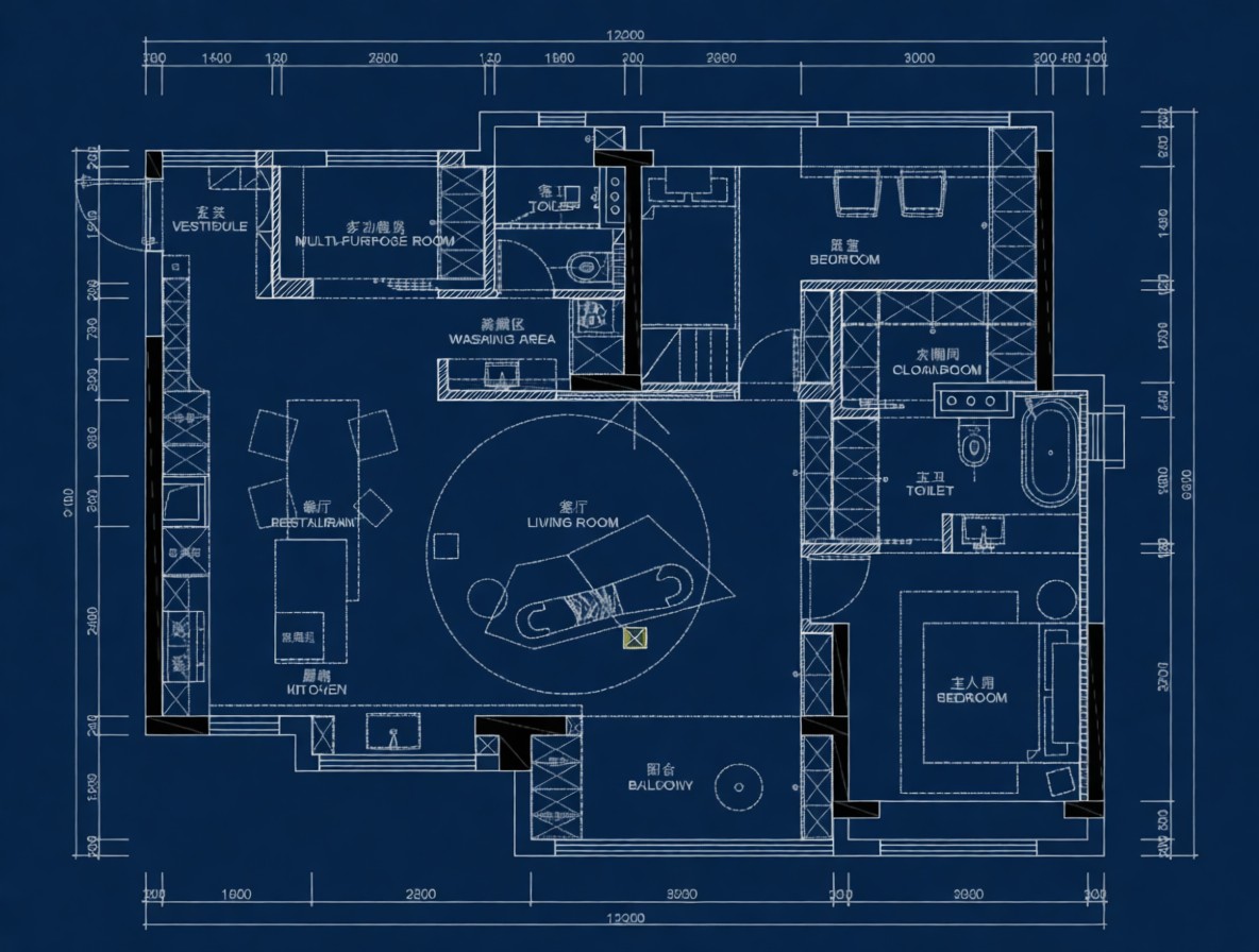 AI 美化后：深蓝 CAD 蓝图效果图