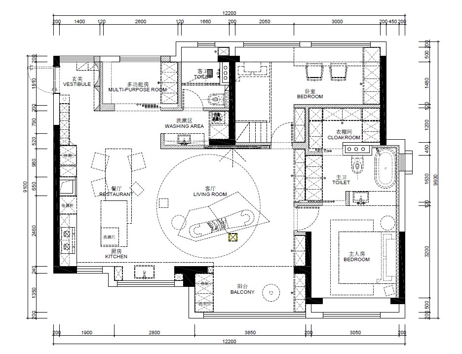 AI 美化前：CAD 线稿户型图
